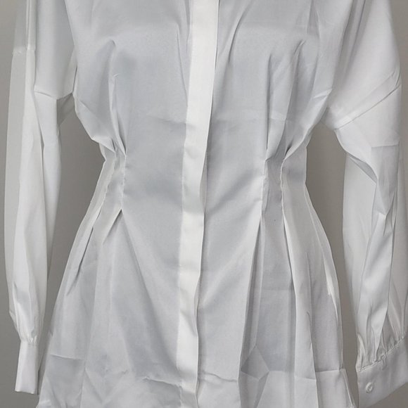 White  Mini Long Sleeve Casual Shirt Dress, Sexy Top - Picture 4 of 4
